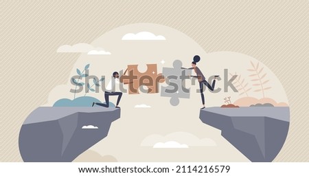 Bridging the gap and overcome couple relationship problem tiny person concept. Communication link and puzzle pieces connection as solution for settlement vector illustration. Together after separation