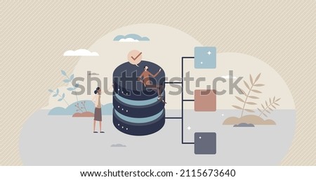 Database design as file system category organization tiny person concept. Information structure in hardware drives for easy folder search and user friendly usage vector illustration. Disk management. 商業照片 © 
