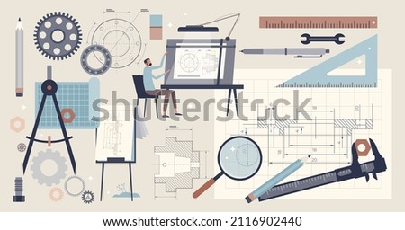 Technical drawing and detailed blueprint draft elements tiny person collection set. Engineering or architect work items and tools vector illustration. Mechanical component sketch development on paper.