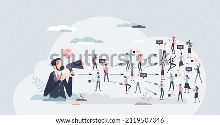Viral marketing campaign with influencer social impact tiny person concept. Advertisement mouth to mouth strategy as recommendation. Content spreading and multiply in social media vector illustration.