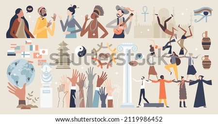 Culture or nationality items with historical motif tiny person collection set. Ethnic and tribal elements with traditional clothes, race characteristics and regional traditions vector illustration. 商業照片 © 