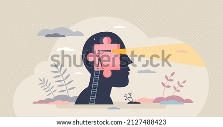 Intuition or future vision sight as ability to predict tiny person concept. Visionary skills with unconscious understanding about anticipation vector illustration. Inner feeling trust to make decision Stockfoto © 