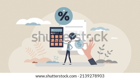 Income tax calculation and financial VAT money refund tiny person concept. Government payment calculation after accounting annual budget analysis vector illustration. Personal paperwork management.