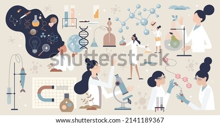 Woman in science set or female scientist in laboratory tiny person collection. Medicine, physics or chemistry job profession items with analysis and research profession elements vector illustration.