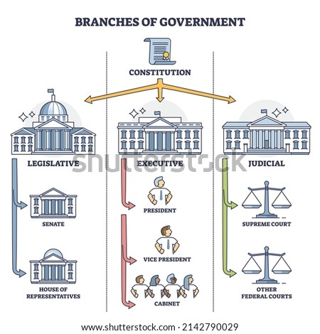 Branches of government with three distinct types outline diagram. Labeled educational scheme with constitution as hierarchy leader and legislative, executive or judicial structure vector illustration.