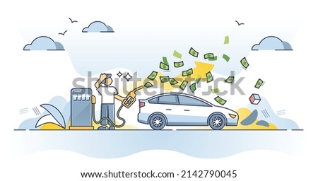 Fuel economy crisis and expensive gas consumption prices outline concept. Fossil energy value financial increasing and money flow out of petrol nozzle vector illustration. Car refill costs rising. Foto d'archivio © 