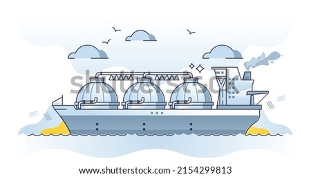 LNG gas tanker as liquefied natural gas transportation outline concept. Facility for managing fossil butane and propane logistics vector illustration. Methane cargo ship for long distance delivery.