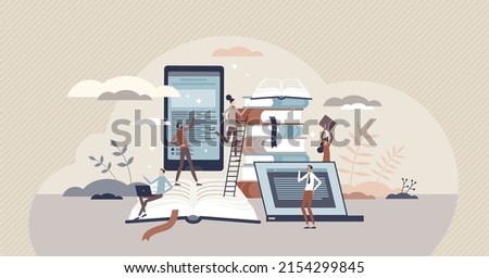 Library with literature books for online archive reading tiny person concept. Education app and academic online knowledge service vector illustration. Bookstore with internet e-books shelf technology.