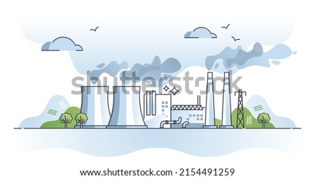 Energy generation plant example with atomic station model outline concept. Electricity production or water heating facility with fission method vector illustration. Reactor with cooling towers steam.