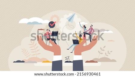 Employee retention and save company loyal workforce tiny person concept. Staff satisfaction and insurance from HR or leader vector illustration. Keep protected and motivated colleagues with assurance. Foto d'archivio © 