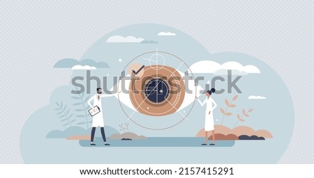 LASIK eye surgery, checkup and sight correction therapy tiny person concept. Cornea laser procedure and care with optometry doctor appointment for diagnosis and annual eyes check vector illustration. Stok fotoğraf © 