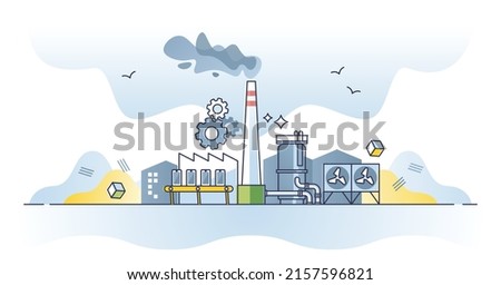 Manufacturing goods in modern production assembly factory outline concept. Industrial building with chimney, warehouse and manufacture parts vector illustration. CO2 pollution from consumer society.