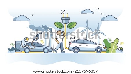 Switching to electric auto and green electricity consumption outline concept. Avoid fossil fuel usage and start wind turbine or solar panel produced power vector illustration. Renewable eco resource. 商業照片 © 