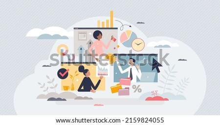 Hybrid work and employee cooperation with distant job tiny person concept. Flexibility and efficiency from productive online business call vector illustration. Working from home with split screen.