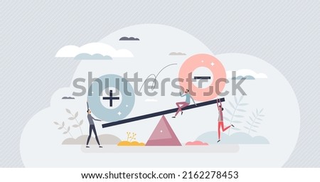 Pros and cons as benefits and threats analysis process tiny person concept. Good and bad situation balance evaluation with simple plus and minus choice scales vector illustration. Positive or negative