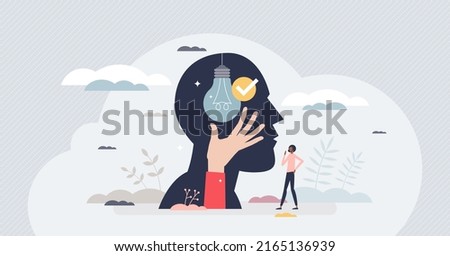 Intelligence and innovative new smart ideas thinking tiny person concept. Intellectual brain power with creative approach and successful solutions vector illustration. Logic visualization in head. 商業照片 © 