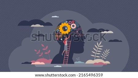 Intelligence and smart brain power for wisdom learning tiny person concept. Education as personal development and mind training vector illustration. Psychological research and mental self reflection .