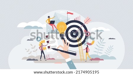 Objective achievement or business goal success management tiny person concept. Aim and focus for work target vector illustration. Efficiency and ambition to accomplish perfect result. Accuracy winner.