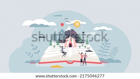 Storytelling process as book reading and presentation to audience tiny person concept. Viral adventure telling process and author emotional communication with visual information vector illustration.