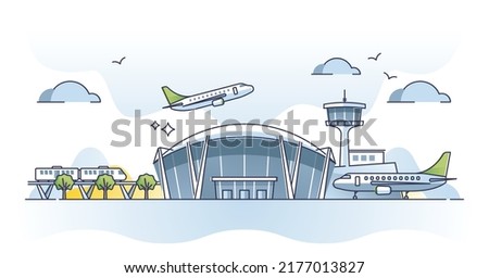 Airport building exterior with airplanes and control tower outline concept. Terminal with passengers boarding process for take off vector illustration. Jet transport for international vacation travel.