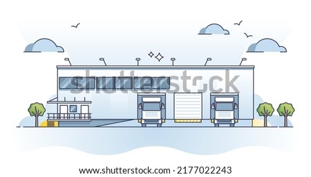 Industrial building with cargo vehicles unloading garages outline concept. Modern warehouse exterior with distribution center and docking hangar vector illustration. Storehouse depot parking gates. ストックフォト © 