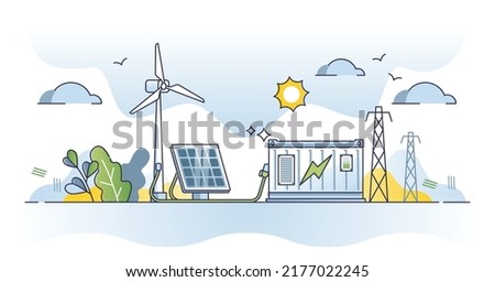 Energy storage system as charging station with batteries outline concept. Power accumulation with sustainable and environmental friendly electricity source vector illustration. Alternative resources.