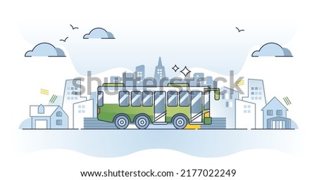 Public transportation type with bus vehicles for route ride outline concept. City infrastructure with roads, stations and automobile shuttle services vector illustration. Effective traffic management.