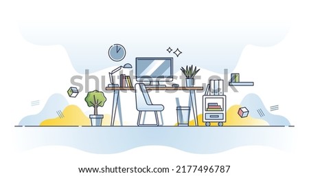 Office workplace with computer, desk or work place stationery outline concept. Indoor job workspace for creative and modern mood vector illustration. Working from home organization for clerk manager.