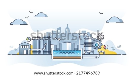 Sewage treatment plant for water purification and filtering outline concept. Waste storage and pollution cleaning with biological technology vector illustration. Dirty liquid sludge filtration station