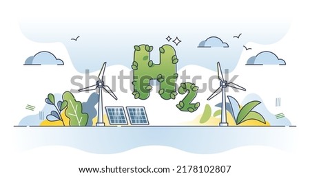 Hydrogen energy or H2 power for electricity production outline concept. Ecological and nature friendly source from wind turbines and solar panels vector illustration. Renewable and clean fuel type.