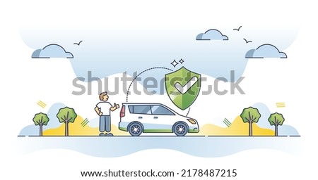 Car insurance as financial protection or safety for vehicle outline concept. Risk coverage from crime, theft or crash disasters vector illustration. Security service for emergency situations assurance