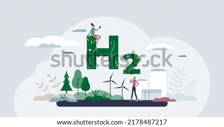 Hydrogen or H2 energy as green and sustainable power tiny person concept. Ecological and renewable fuel source from alternative solar or wind resources vector illustration. Zero emission technology.