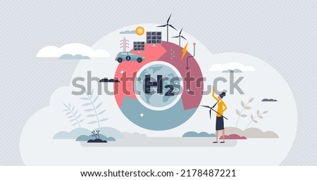 Hydrogen energy solution or H2 electricity as renewable power tiny person concept. Reuse ecological and nature friendly sources vector illustration. Alternative solar or wind gas source reuse cycle.