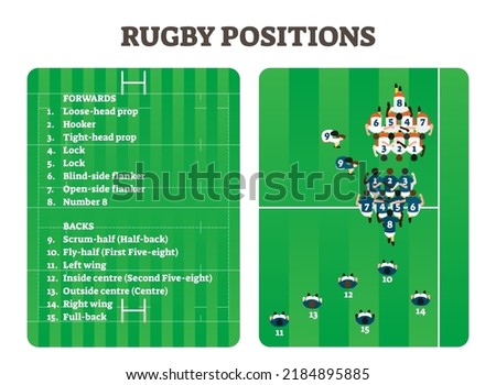 Rugby positions team group figure scheme, vector illustration players set. Forwards team with hooker, tight-head prop, lock etc. Also backs team with scrum-half, left wing, fly-half and others.