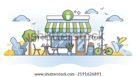 Cafe building exterior with modern city street restaurant outline concept. Outdoor boutique style facade for fast food coffee place and cosy terrace with bicycle, table and chairs vector