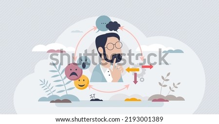 CBT or cognitive behavioral therapy for mental problems tiny person concept. Psychotherapy treatment session with counseling methods vector illustration. Mind cognition and emotional feeling care.