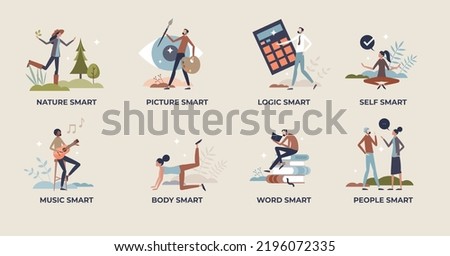 Multiple intelligences with various identity types tiny person collection set. Items with knowledge and smart personality ways vector illustration. Nature, picture, logic, self and music