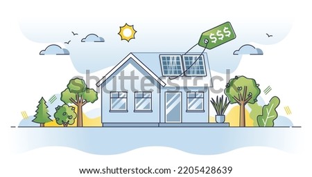 Solar panel cost as roof with alternative sun electricity outline concept. Panel installation expenses as investment ir future renewable power vector illustration. Financial research for modern home.