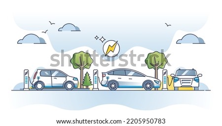 EV electric vehicle charging station with power sockets outline concept. Electricity for modern or nature friendly car battery vector illustration. Recharge low level automobiles with renewable energy
