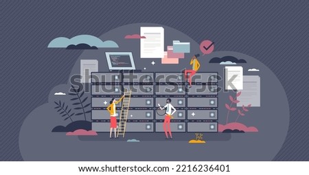 Data warehouse center with database storage systems tiny person concept. Information servers for cloud uploads and large file quantity vector illustration. Room with HDD or SSD disc pile for hosting.