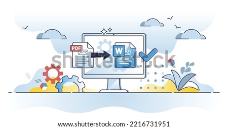 PDF to word converter software tool to change extension outline concept. File format edit process with application or online website vector illustration. Document style conversion to digital doc file