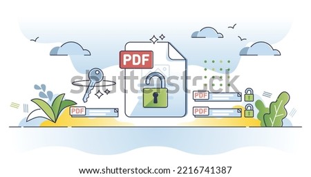 Unlock PDF format and edit locked text file with software tool outline concept. Digital document encryption and safe information editing application vector illustration. Open blocked spreadsheet file.
