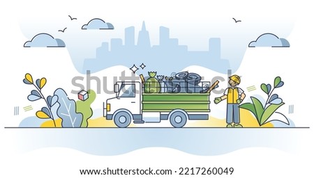 Rubbish removal truck and daily waste disposal management outline concept. Garbage dump car to carry trash to landfill vector illustration. Vehicle with container for litter collection and clean city.
