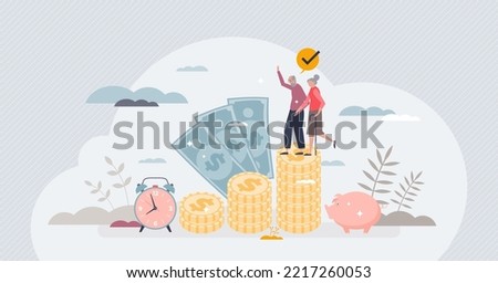Pension fund and deposited finances for elderly times tiny person concept. Financial plan with income part deposit for senior retirement vector illustration. Investment in elder welfare security.