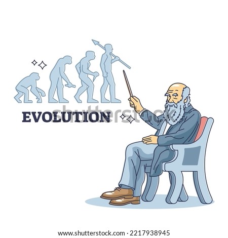 Charles Darwin with popular evolution theory for origins outline concept. Scientific history professor with revolutionary and legendary ancestor findings vector illustration. Old biology knowledge.