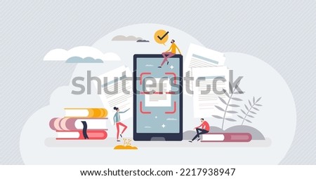 Text recognition and scanning system for image to letters tiny person concept. Mobile phone software application for helpful document transformation from photo to digital document vector illustration.