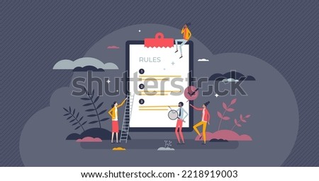 Company rules to follow and guidance for regulation tiny person concept. Instructions list and standard terms for employees principle ethics or restrictions vector illustration. Regulatory process.
