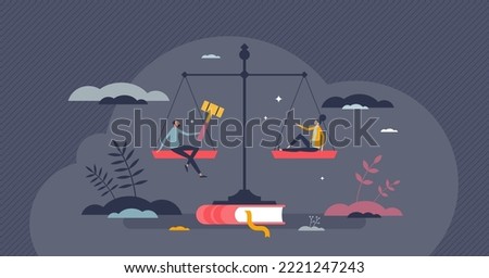 Balance of the law and freedom for ethical legal system tiny person concept. Court scale as dignity, liberty, equality and inalienable rights symbol vector illustration. Honesty judgment or protection Сток-фото © 