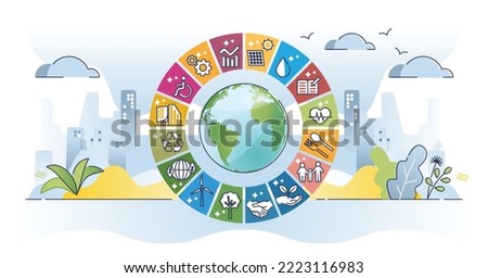 SDG or sustainable development goals by united nations outline concept. Interlinked global social target to reach in future vector illustration. Hunger, health, poverty, education and climate action.