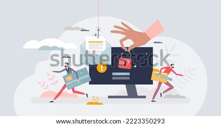 Data breach security attack and hacker fraud problem tiny person concept. Leak information and confidential information phishing vector illustration. Privacy and online identity vulnerability alert.